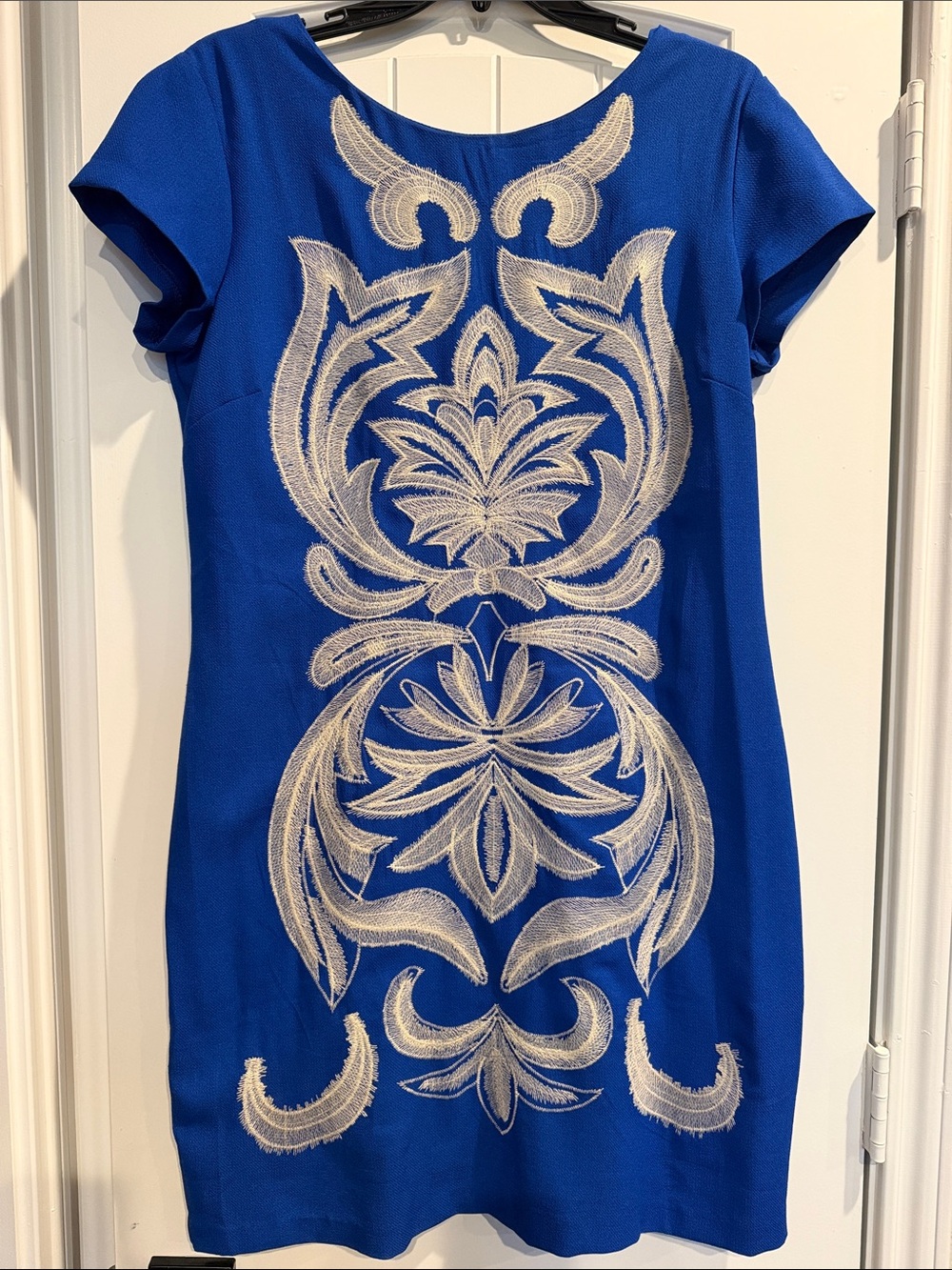 Quinn Royal Blue Mini Dress with Cream Embroidered Motif